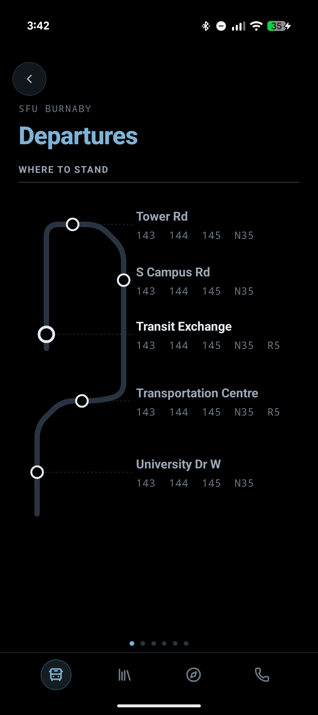 Transit departures showing which stop each route leaves from